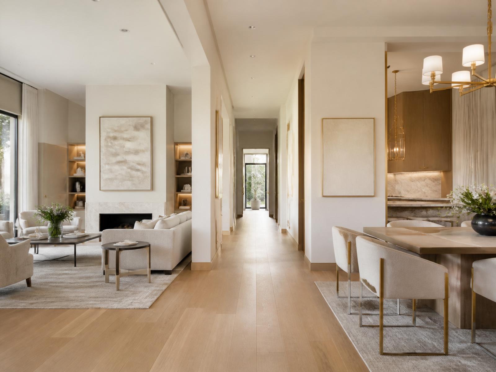 Interior of a Meliora home with warm oak flooring, tall ceilings, wide accessible walkways and refined furnishings.