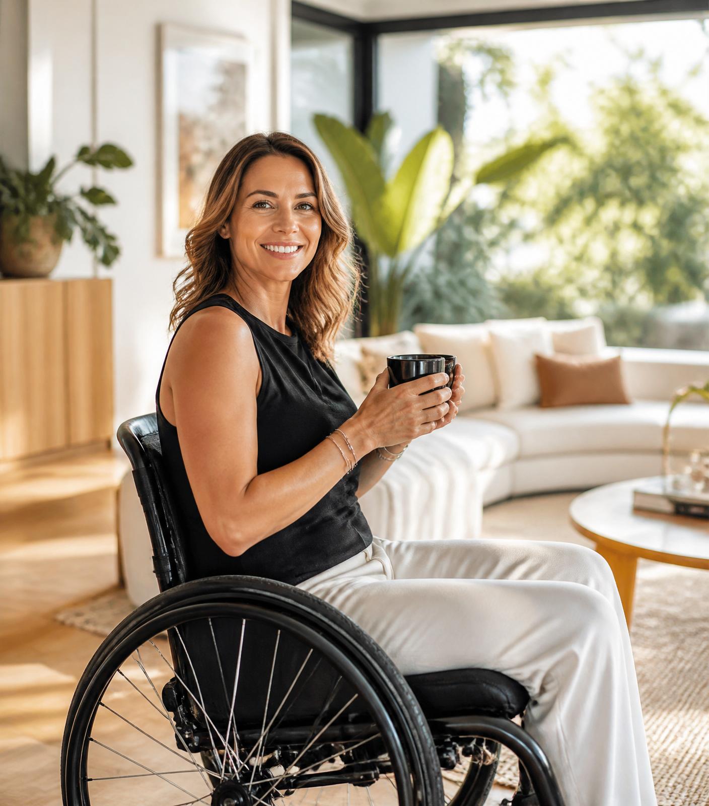 A woman smiling in her wheelchair, holding a coffee in the light filled living room of a Meliora home.