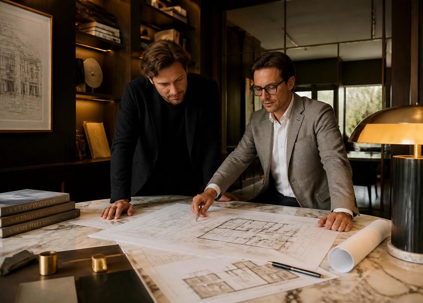 Two Meliora architects reviewing plans for a Specialist Disability Accommodation home on a marble desk.